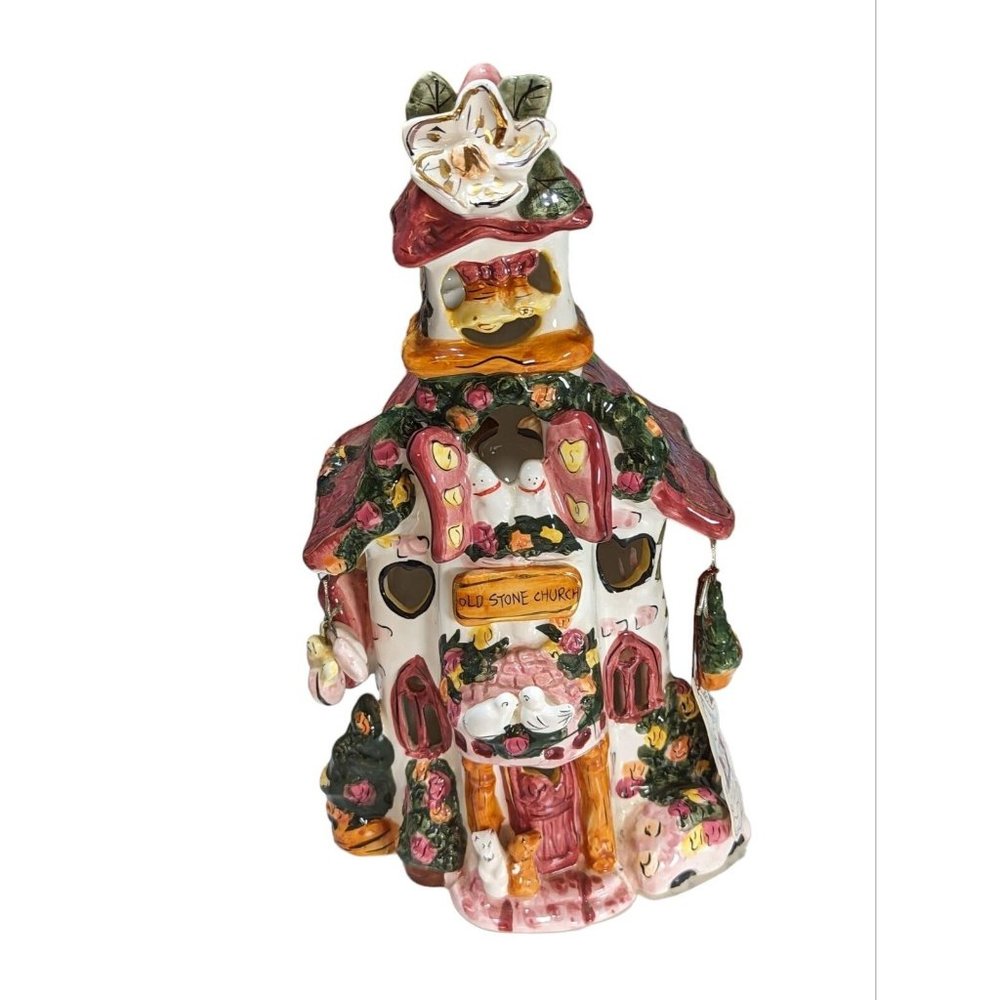 Christmas In Cobblestone Village Old Stone Church Candle Holder Popular Ceramic